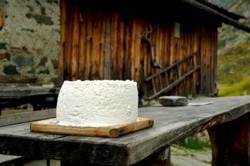 Hier wird noch selbst produziert: Wenige Stunden alter Graukäse auf der Terrasse der Rötalm. | Foto: Sabine Dettling