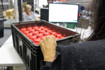 Einsortieren in die Kisten aus recycelten Kunststoff.