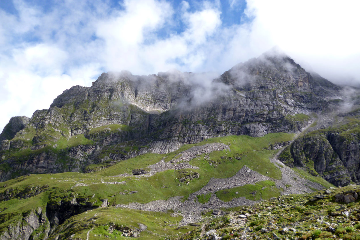 Blick auf einen Berggipfel im Valley of Flowers.